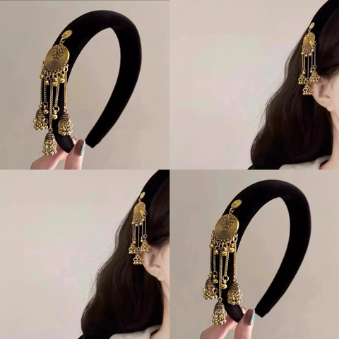 Diadema De Terciopelo Étnico Y Pinzas Para El Cabello Vintage Borla De Campana Aleación Strass Estilo Jhumka Retro Accesorios Para Mujeres