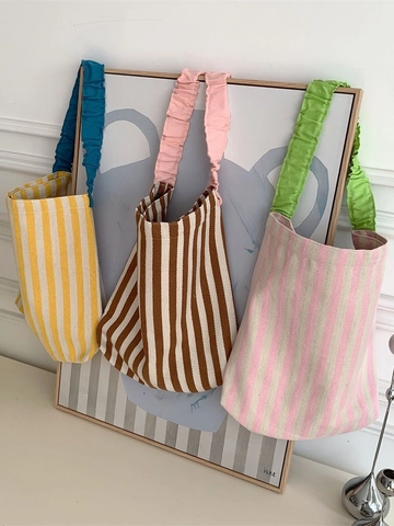 Bolso Tote De Lona Rayada Con Correa De Hombro Fruncida Gran Capacidad Color De Contraste Bolso De Moda Para Mujer