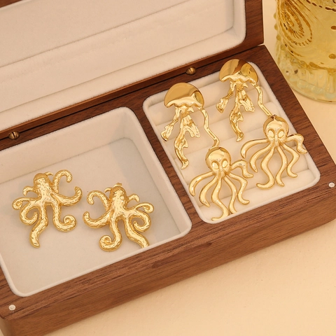 Cute Octopus And Jellyfish Stud Earrings Stainless Steel Gold Plated Ocean Series Animal Jewelry For Women
