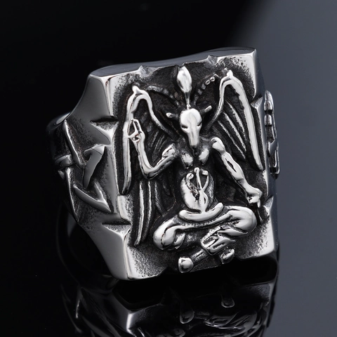 Baphomet Ziegenkopf Ring Edelstahl Gothic Punk Vintage Satanischen Pentagramm Schmuck Für Herren