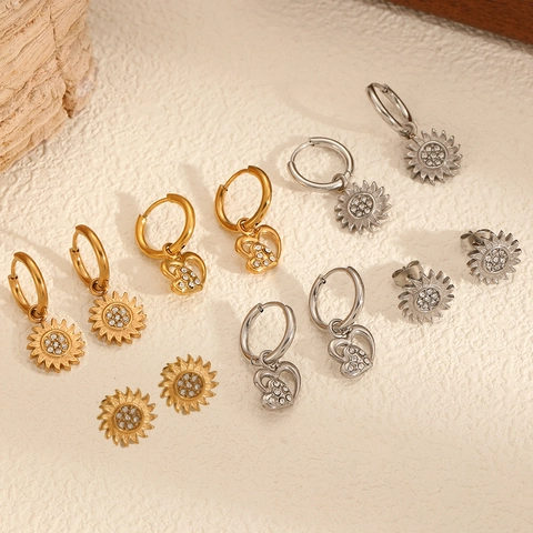 Mode Roestvrijstalen Oorbellen 18K Verguld Zonnebloem Hart Zirkoon Elegante Hoops Stud Voor Vrouwen