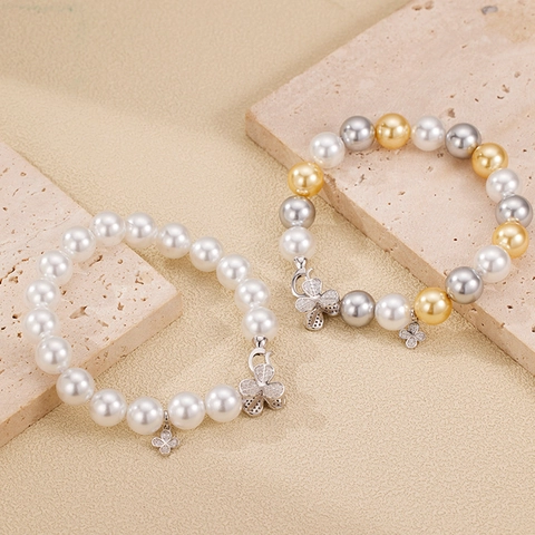 925 Sterling Silver Shell Artificial Pearl Bracelet With Zircon Clover Butterfly Charm Light Luxury Elegant Jewelry For Women