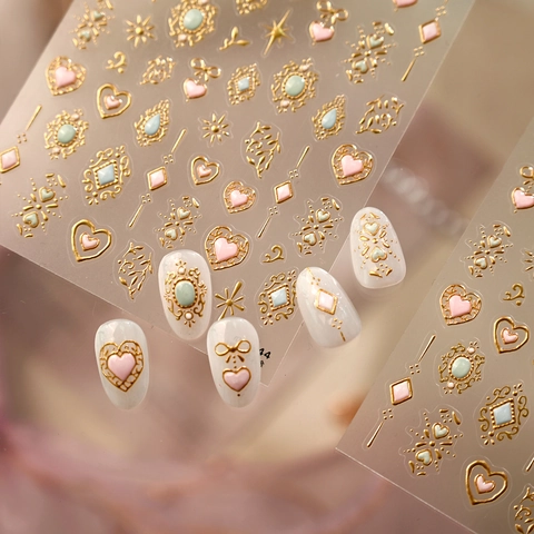 Vintage 3D Relief Nagelaufkleber Palast Stil Gold Herz Stern Edelstein Muster Vergoldung Maniküre Decals Für DIY Nagelkunst