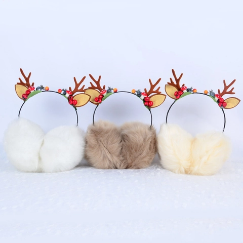 Christmas Reindeer Antler Earmuffs Faux Fur Plush Ear Warmers Winter Warm Headband Party Costume Decor Women Girls