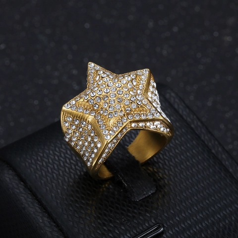 Anillo de Estrella Hip Hop de Acero Inoxidable con Diamantes de Imitación Pavé Estrella de Cinco Puntas Joyería de Moda