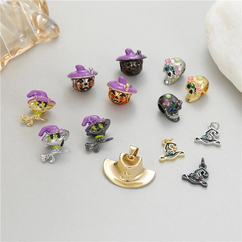 Halloween Charms Pendants For Jewelry Making Copper Enamel Skull Pumpkin Witch Hat Wizard Vintage Punk DIY Accessories