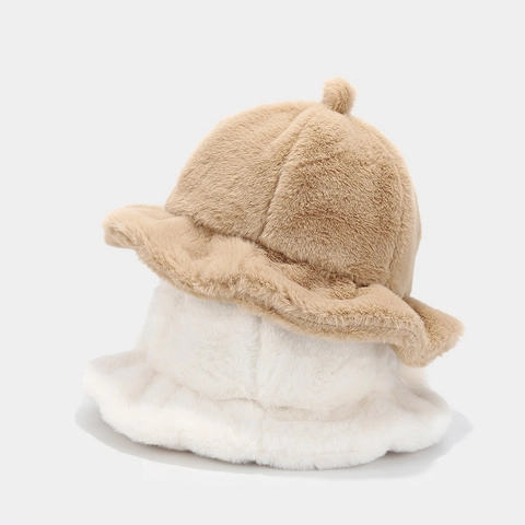 Women Faux Fur Bucket Hat Winter Warm Plush Basin Hat With Pom Pom Sweet Cloud Style Solid Color Windproof
