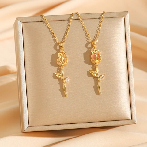 Blumen Tulpen Anhänger Halskette Edelstahl Zirkon Katzenauge Goldene Elegante Schlüsselbeinkette Schmuck Für Damen