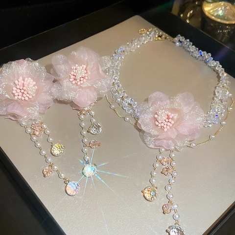 Pendientes Colgantes De Flor De Tela Rosa Con Borla Cristal Perla Artificial De Imitación Y Poste De Plata De Ley 925 Mujeres