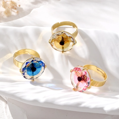 Ethnic Style Copper Gold Plated Adjustable Open Ring With Colorful Round Rhinestone Inlaid Elegant Fashion Jewelry For Women