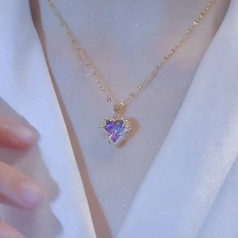 Heart Of The Ocean Titanium Steel Necklace With Zircon Gradient Heart Pendant 18K Gold Plated Luxury Clavicle Chain For Women