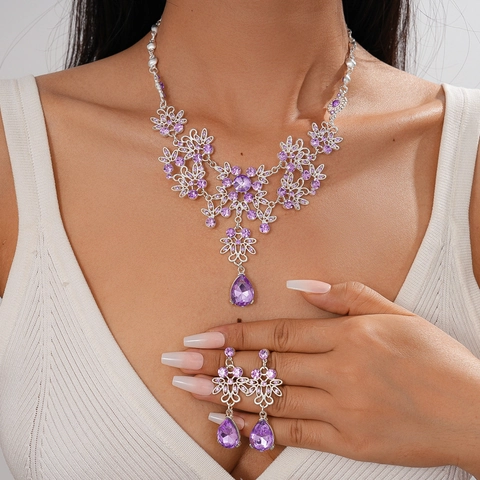Gioielli Di Strass Vintage Collana E Orecchini Per Donna Ciondolo Goccia Acqua Viola Lega Floreale Lusso Festa Matrimonio