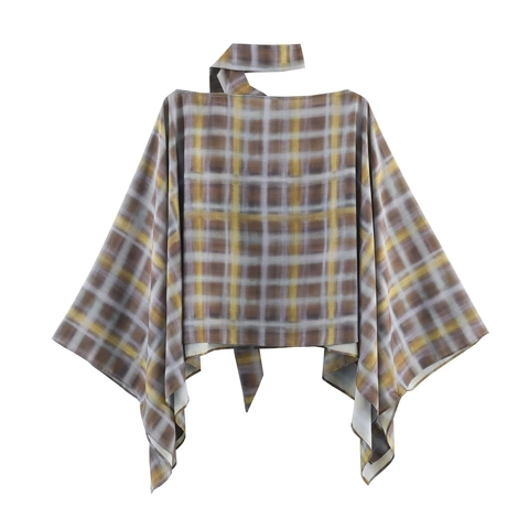 Poncho A Quadri E Gonna Midi Asimmetrica Poliestere Orlo Irregolare Cappa Streetwear Casual Donne