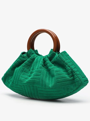 Women Pleated Evening Handbag PU Leather Crocodile Pattern Velvet Round Wooden Handle Pouch Bag