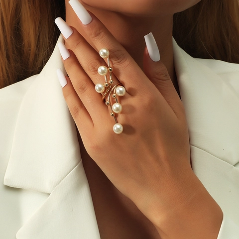 Trendy Alloy Multi-layer Spiral Branch Statement Ring With Faux Artificial Pearl Fashion Geometric Exaggerated Jewelry For Women