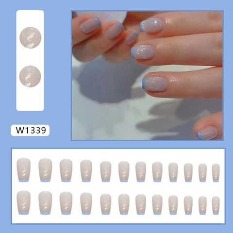 Faux Ongles Press On Court Ballerine Mauve Clair Scintillant Pointes Françaises Bleues Brillants Pour Femmes Manucure