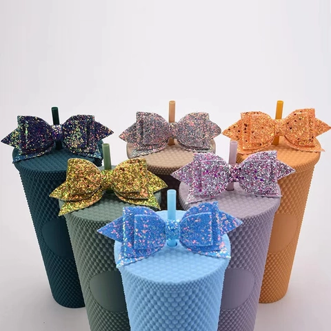 Sparkling Glitter Straw Bow Decoration PU Leather Bowknot Straw Topper With Elastic Band For Tumbler Cups DIY Accessory