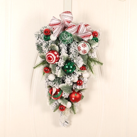 Guirnalda De Gota De Navidad Agujas De Pino Flocadas Corona De Puerta Bolas Decorativas Lazo Decoración Navideña Hogar