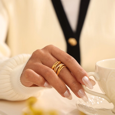 Anello Cavo Intrecciato A Più Strati Acciaio Inossidabile Con Strass Placcato Oro Gioielli Di Moda Per Donna