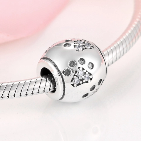 Charm-Perle Aus 925 Sterling Silber Mit Hundepfote Herz Und Zirkonia Für DIY Armband Mode Einfaches Rundes Zubehör