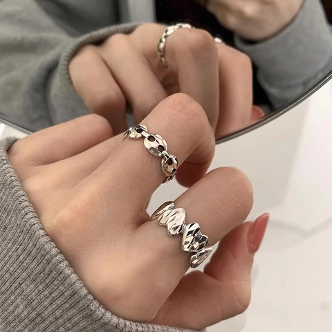 Women Minimalist Heart Shaped Copper Ring Adjustable Silver Color Metallic Faceted Fashion Jewelry Ring For Daily Dating