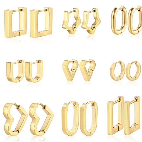 Minimalist Stainless Steel Geometric Hoop Earrings For Women Men Trendy Hexagon Square Heart Star Triangle U Shape Huggie Jewelry