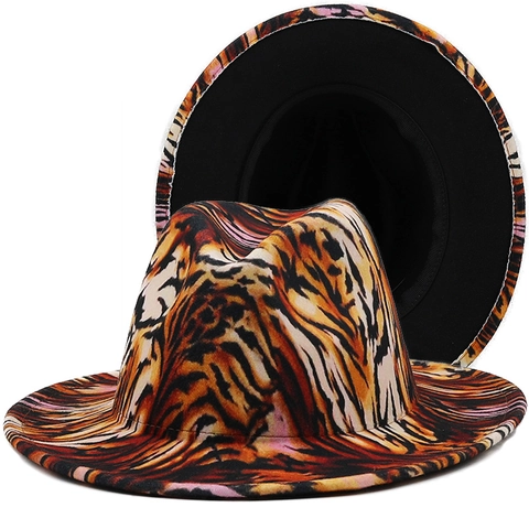 Tiger Print Fedora Hut Breite Krempe Baumwolle Polyester Jazz Stil Unisex Wendbar Tier Muster Party Bühne Mode