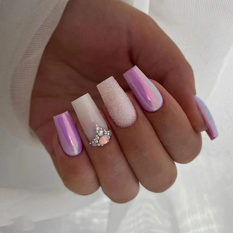 Purple Holographic Long Coffin Press On Nails With Rhinestones And Artificial Pearls Glossy Luxury Fake Nails For Women