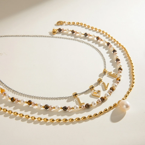 Collana Multistrato Acciaio Inossidabile Perla Acqua Dolce Pietra Occhio Di Tigre Pendente Cuore Amore Gioielli Ipoallergenici