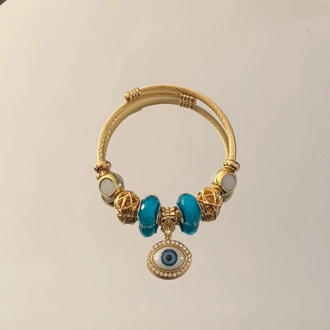 Evil Eye Charm Bracelet Stainless Steel Gold Plated Woven Wire Cuff Zircon Blue Beads Adjustable Fashion Jewelry Women