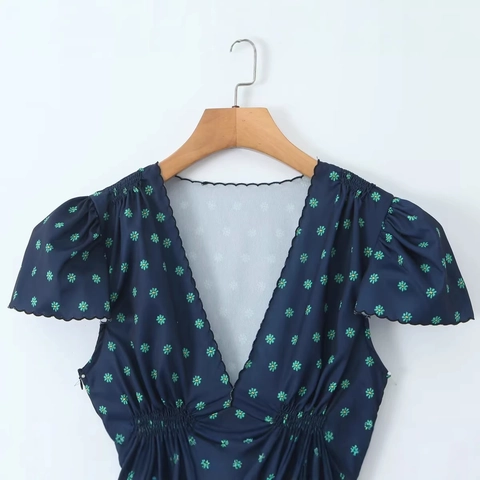 Robe Courte pour Femme avec Col en V Profond et Imprimé Fleuri Manches Bouffantes Bord Festonné Taille Haute Smockée Ourlet à Volants