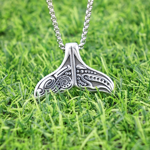 Viking Totem Whale Tail Pendant Necklace Stainless Steel Polished Tribal Ocean Style Jewelry For Men Women