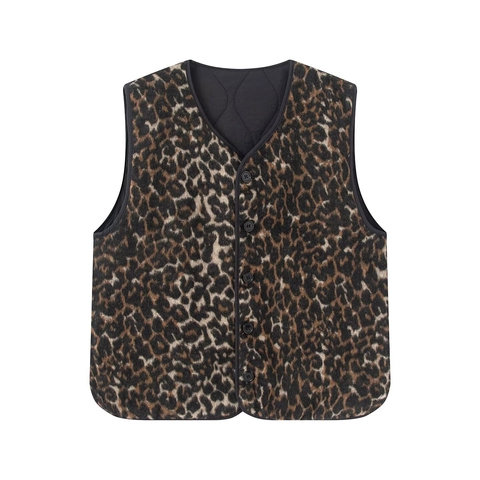 Chaleco Acolchado Reversible Para Mujer Estampado Leopardo Lana Y Negro Acolchado Cuello En V Botones Ropa De Abrigo Con Bolsillos