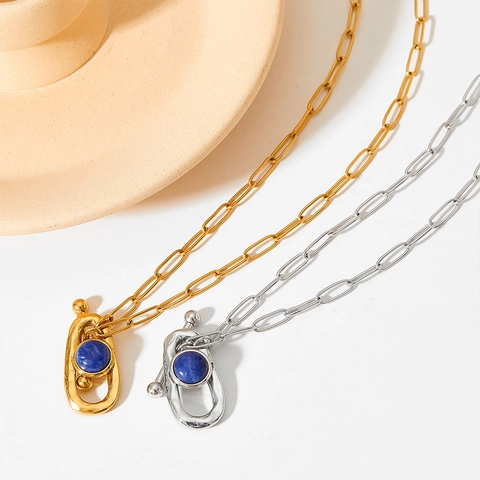 Collar De Estilo Egipcio Retro De Acero Inoxidable Con Cadena De Eslabones Y Colgante De Herradura De Piedra Azul