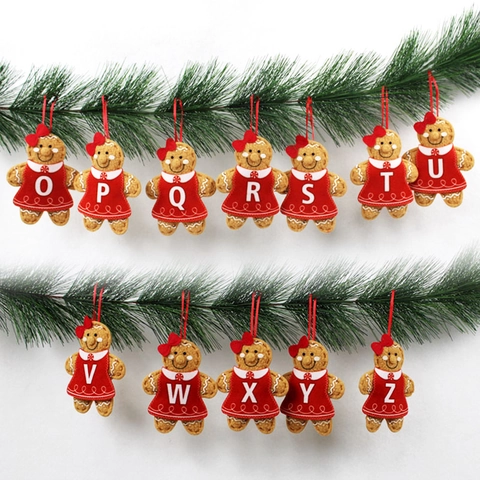 Gingerbread Man Christmas Hanging Ornaments Fabric Felt Alphabet Letters Red Dress Xmas Tree Decor Holiday Party