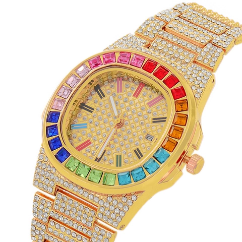 Women Quartz Watch Square Luxury Full Rhinestone Metal Alloy Rainbow Gemstone Bezel Calendar Display Hip Hop Fashion Wristwatch