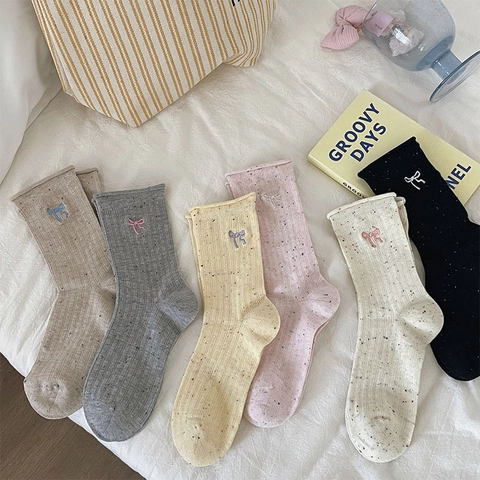 Women Crew Socks Cotton Blend Embroidered Bow Speckled Ribbed Knit Rolled Edge Sweet Breathable Casual