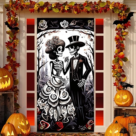 Halloween Door Banner Skeleton Couple Wedding Theme Polyester Cloth Backdrop Party Decoration Day Of The Dead Style