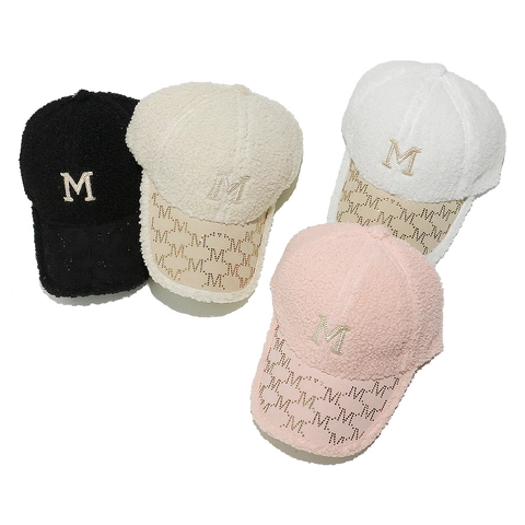 Cappello Da Baseball In Pile Sherpa Da Donna Con Lettera M In Strass Luccicanti Berretto Di Peluche Chic Invernale
