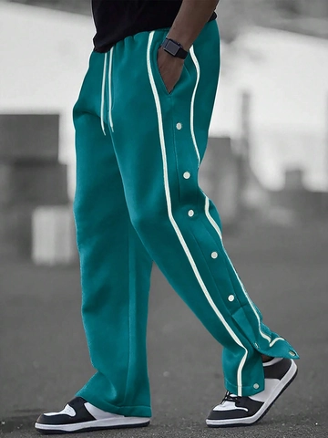 Men's Side Stripe Full Snap Button Tearaway Sweatpants Retro High Street Track Pants Casual Sporty Knitted Joggers Bottoms