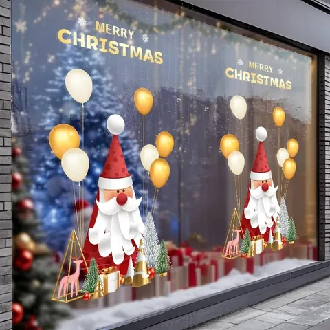 Pegatinas Ventana Navidad PVC Estático Papá Noel Reno Globos Patrón Color Doble Cara Decoración Cristal Tienda
