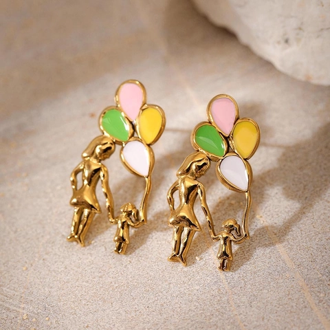 Boucles D'Oreilles Puce Ballon Mère Fille Acier Inoxydable Plaque Or Émail Coloré Bijoux Pour Femmes