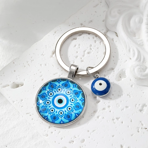Portachiavi Malocchio in Metallo e Vetro Vintage Ciondolo Protezione Mandala Blu Retrò Pendente Borsa Cabochon in Vetro Regalo