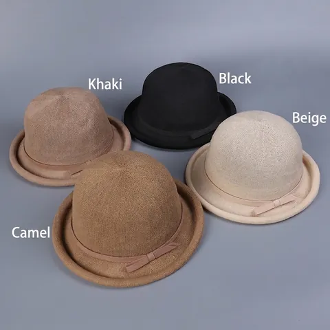 Vintage Knit Cloche Hat Women Round Top Short Brim Roll Edge Breathable Elegant Bow Ribbon Fedora