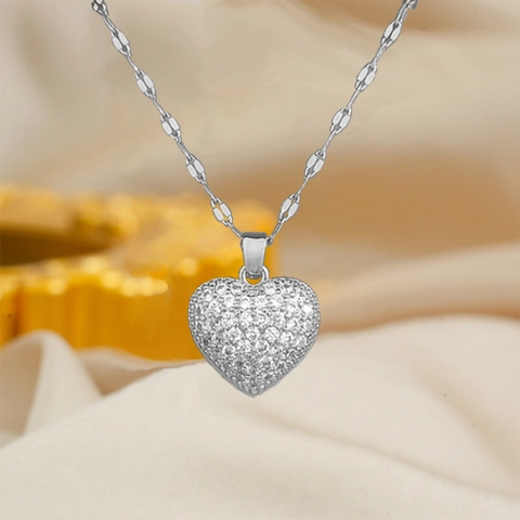 Elegant Heart Locket Necklace For Women With Shell Artificial Pearl And Pave Zircon Titanium Steel Chain Fashion Jewelry