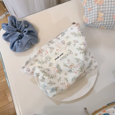 Cute Cartoon Print Makeup Bag Cotton Canvas Zippered Cosmetic Pouch Portable Travel Small Square Storage Organizer