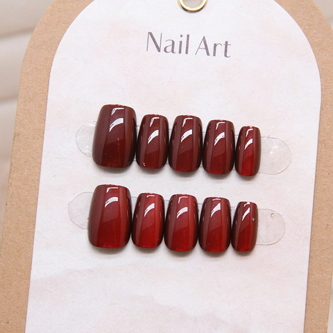 Handmade Press On Nails Dark Red Cat Eye Glossy Short Square Round Fake Nails Reusable Manicure Art