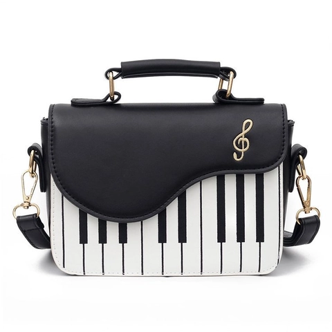Women Piano Keyboard Print PU Leather Crossbody Bag Artistic Treble Clef Decor Shoulder Handbag Retro Square Satchel Daily Fashion Purse