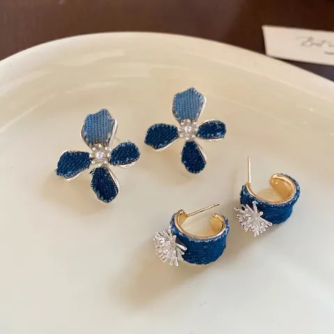 Pendientes De Flores De Mezclilla Azul Con Perla Artificial De Imitación Poste De Plata Joyería Vintage Para Mujer