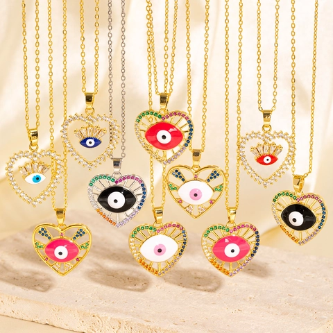 Evil Eye Heart Pendant Necklace Copper Gold Plated Colorful Cubic Zirconia Enamel Fashion Accessory For Women Trendy Style